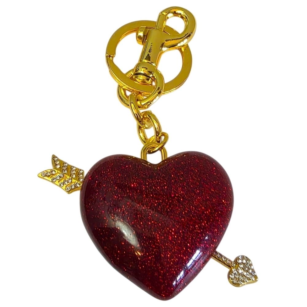 Red Glitter Large Heart and Arrow Purse Charm Keychain Gold NWT
